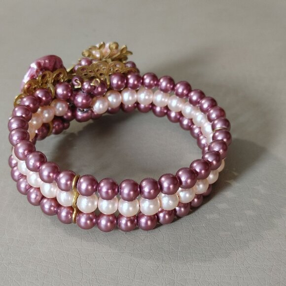 Cuff Beaded Bracelet Vintage Pink Gold Floral Beaded Rhinestones Faux Pearl - Picture 5 of 16